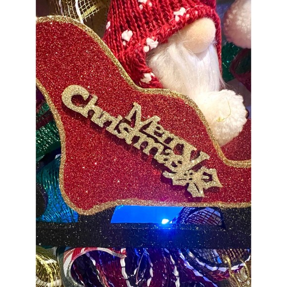 Handmade Christmas Gnome in Sleigh Holiday Ribbon Door Wreath 26 ins LED XLW1 - Picture 5 of 12